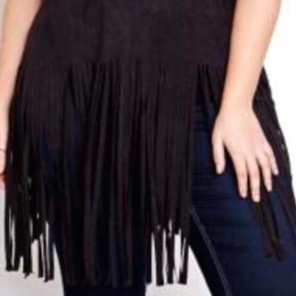 NEW PHOTOS! FAUX SUEDE TOP, EXTRA LONG FRINGE, BLACK, SIZE 4X, MADE IN CANADA, - Picture 1 of 12